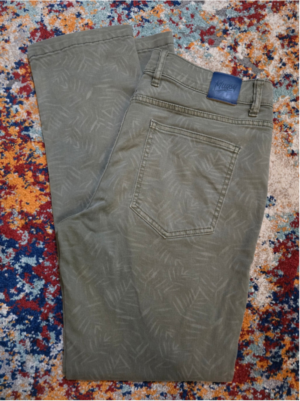 Mugsy Jeans Men's 36x32 Palms Stretch Chino Pants Olive Green Palm Leaf Print